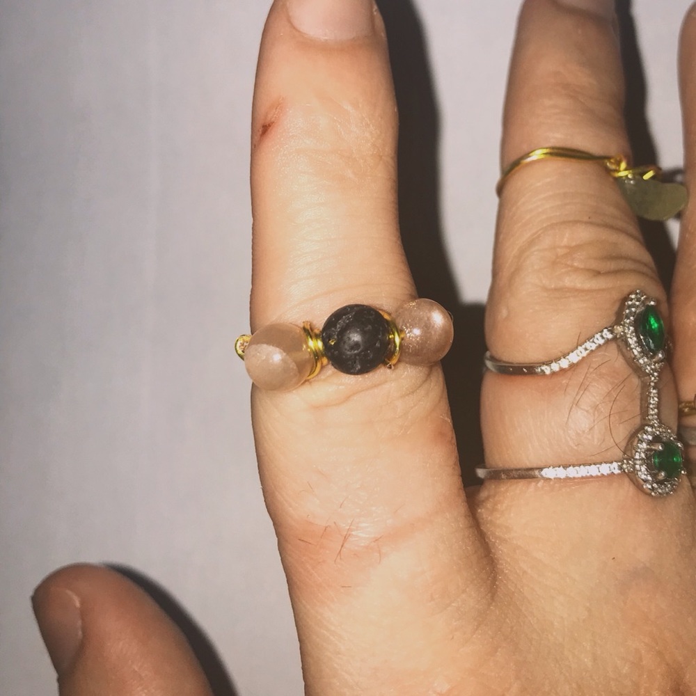 Lava Rock W/ 2 Peach Moonstones Ring